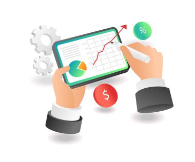 Düz izometrik konsept çizimi. İş analisti verilerinin ipad ile izlenmesi