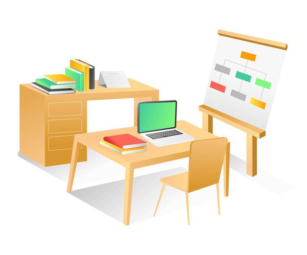 Flat isometric illustration landing page concept. office desk for meeting