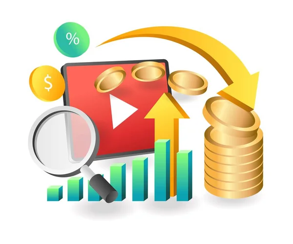 Plochý Izometrický Koncept Ilustrace Analytics Vydělat Peníze Video Obsahu — Stockový vektor