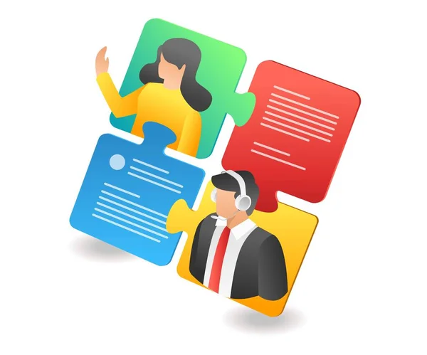 Flat Isometric Illustration Concept Customer Service Conversation Puzzle Clients — Stock Vector