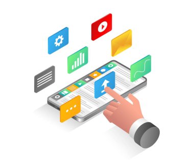 Düz izometrik çizim konsepti. Akıllı telefonda arayüzü kullanması kolay