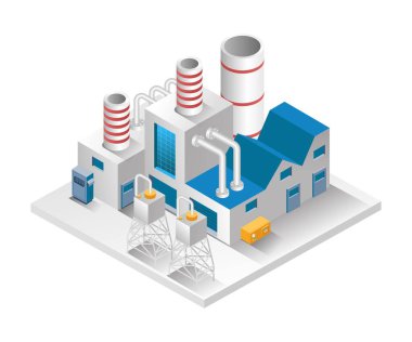 Düz izometrik konsept çizimi. Baca ve su deposu olan fabrika binası.