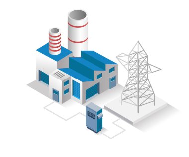Düz izometrik konsept çizimi. Elektrikli fabrika