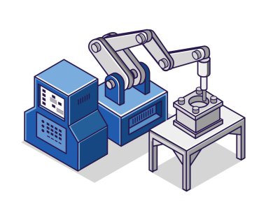 Düz izometrik konsept çizimi. cnc makine endüstrisinin gelişmiş teknolojisi