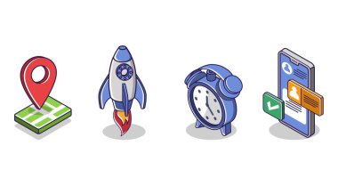 Düz izometrik konsept çizimi. paket seti simge ticari başlangıç dijital pazarlama