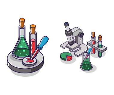 Düz izometrik konsept çizimi. iş laboratuarı simgesi paketi