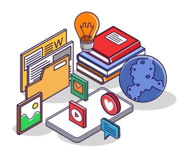 Düz izometrik konsept çizimi. çevrimiçi eğitim öğrenci verileri