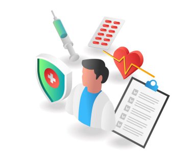 Düz izometrik çizim konsepti. Dünya Sağlık Güvenliği Doktoru