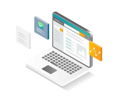 Düz izometrik çizim konsepti. Dizüstü bilgisayarda kullanması kolay