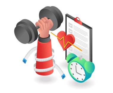 Düz izometrik çizim konsepti. Kilo verme diyeti için egzersiz planı