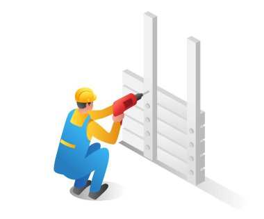 Düz izometrik çizim konsepti. Demir çubuk delen adam