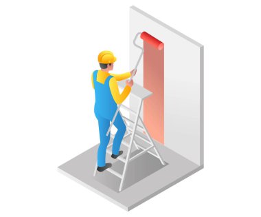 Düz izometrik çizim konsepti. Duvarı boyayan adam