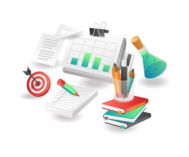 Düz izometrik çizim konsepti. Okul çocuklarının yaratıcı not defterleri.