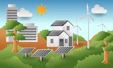 düz izometrik çizim konsepti. Endüstriyel ve ev yaşamı için güneş paneli enerji manzarası