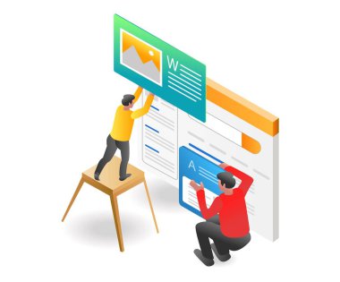 Düz izometrik çizim konsepti. Yaratıcı ekip yeni bir web sitesi üzerinde çalışıyor.