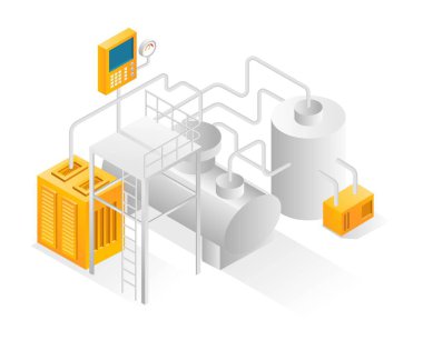 Düz izometrik çizim konsepti. Boru hatlı tanklar ve biyolojik gaz endüstriyel makineleri