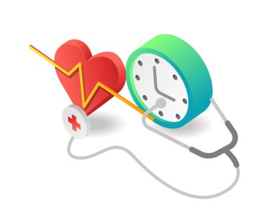 Düz izometrik çizim konsepti. Kalp sağlığını kontrol etme zamanı.