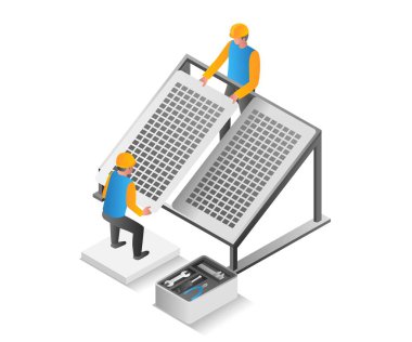 Düz izometrik çizim konsepti. İki mühendis güneş panelleri kuruyor.