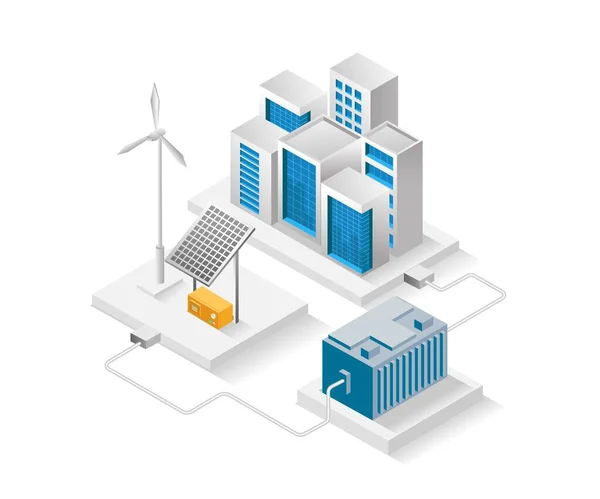 Ilustración Concepto Isométrico Plano Edificio Urbano Con Paneles Almacenamiento Energía — Vector de stock