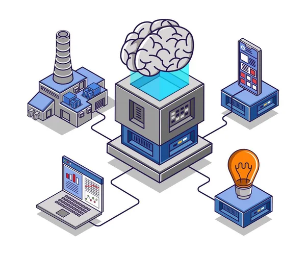Flat Isometric Concept Illustration Artificial Intelligence Help Enterprise Business — Stock Vector