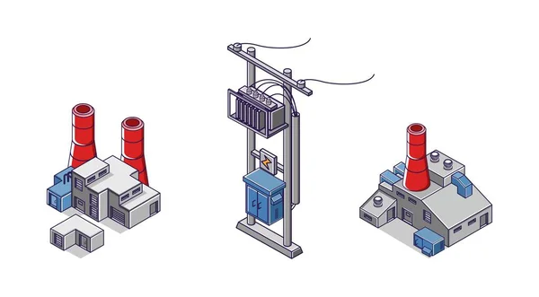 平面等式の概念図 電柱や工場のアイコンの束 — ストックベクタ