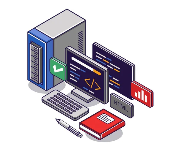 Flat Isometric Concept Illustration Html Program Data — Stock Vector