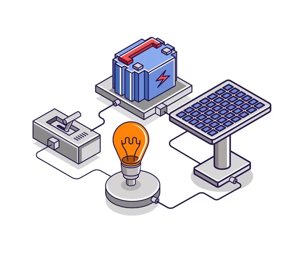 Platte Isometrische Conceptillustratie Zonnepaneel Energieopslagschakelaar Circuit — Stockvector