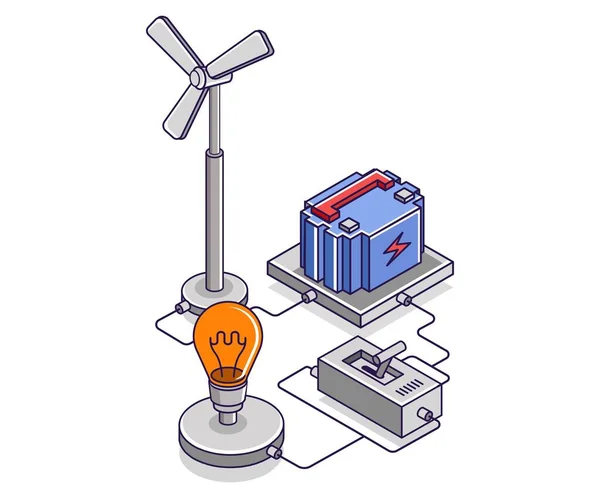 Płaska Izometryczna Ilustracja Koncepcyjna Akumulator Magazynowania Energii Wiatrowej — Wektor stockowy