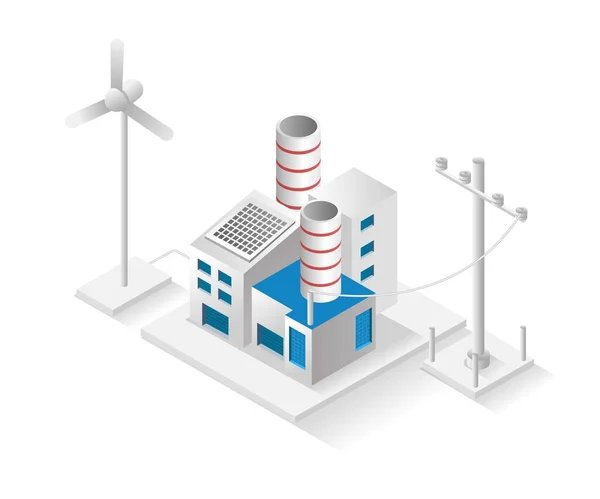 Platte Isometrische Illustratie Concept Fabrieksgebouw Zonnepaneel Elektriciteit — Stockvector