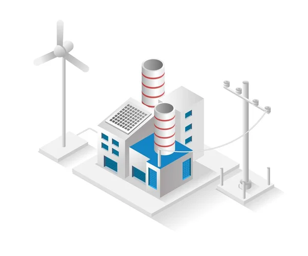 Düz izometrik çizim konsepti. Fabrika yapımı ve güneş paneli elektriği