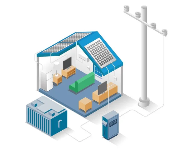Platte Isometrische Illustratie Concept Smart Home Met Zonnepanelen Elektriciteit — Stockvector