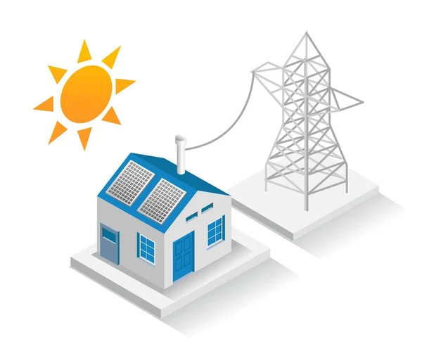 Isometric Design Concept Illustration Stavební Domy Elektrickou Energií Solárními Panely — Stockový vektor