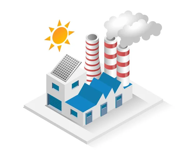 Isometric Design Concept Illustration Factory Building Chimney Equipped Solar Energy — Stock Vector