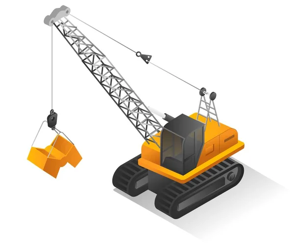 Isometric Illustration Design Concept Truck Tower Crane Excavator — Stock Vector