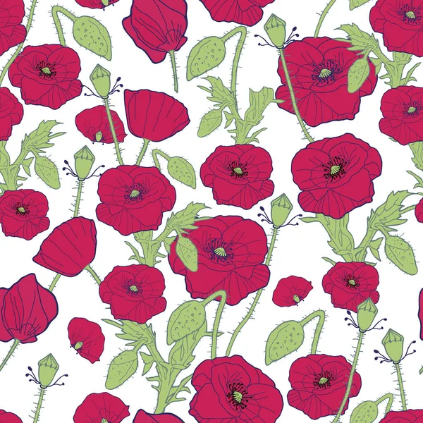 Vetor Branco Vermelho Poppy Flower Semless Fundo Padrão Adequado Para — Vetor de Stock