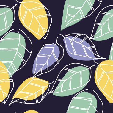 Siyah arkaplanda elle çizilmiş renkli yapraklar olan vektör tekrarlı desen tasarımı. Parmak izi, tekstil, kumaş, kitap rafı, yatak, mutfak için uygun..