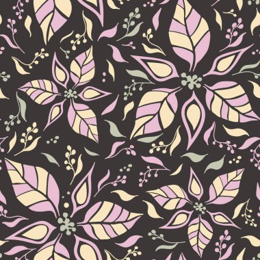 Siyah arkaplanda renkli ve soyut çiçekleri olan vektör tekrarlı desen tasarımı. Parmak izi, tekstil, kumaş, kitap rafı, yatak, mutfak için uygun..