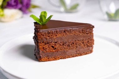 Nane şekeriyle süslenmiş beyaz bir tabakta, beyaz bir tabakta çikolatalı kek. Yüksek kalite fotoğraf