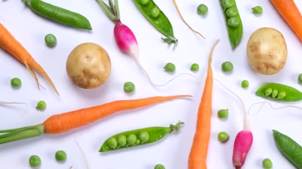 Vegetable Rotating Background Potatoes Peas Carrots Radishes Fashionable Vegetable Texture — Stock Video