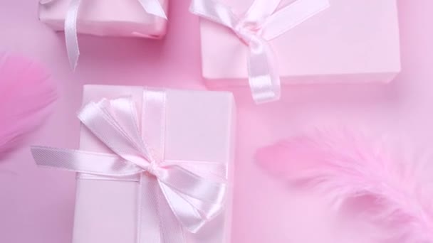 Rotating Background Pink Gift Boxes Pink Bows Pink Background Decorated — Stock Video