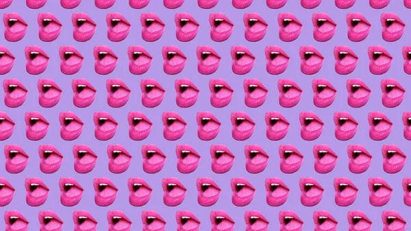 Pembe arka planda kadın dudaklarının ya da ağzının son moda renkli tekrarları. Yüksek kalite fotoğraf