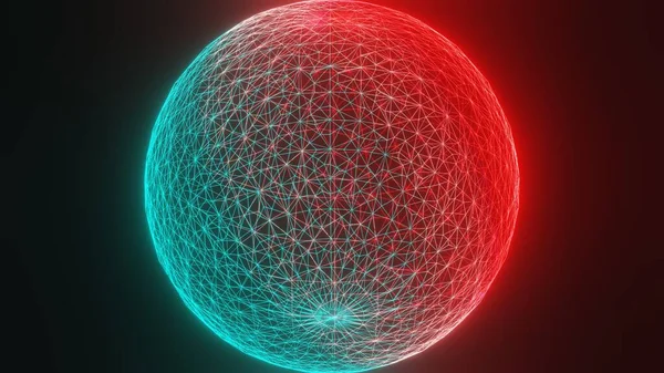 3D illustration glowing sphere, network connections, ultraviolet neon lights, abstract background, red blue vibrant colors, laser show