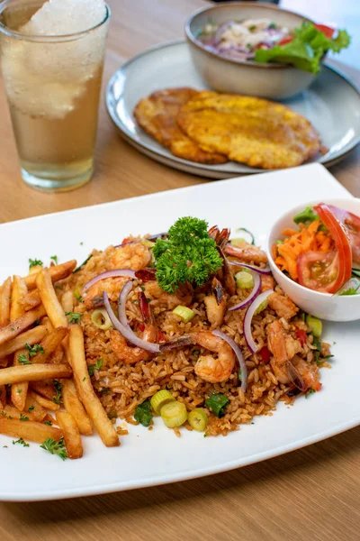 Tasty Sea Food Rice Shrimp Fries Side Salad Fried Plantain — Photo