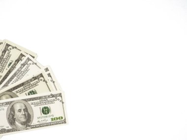 Para faturası dolar beyaz izole kopya alanı üzerinde üst görünüm
