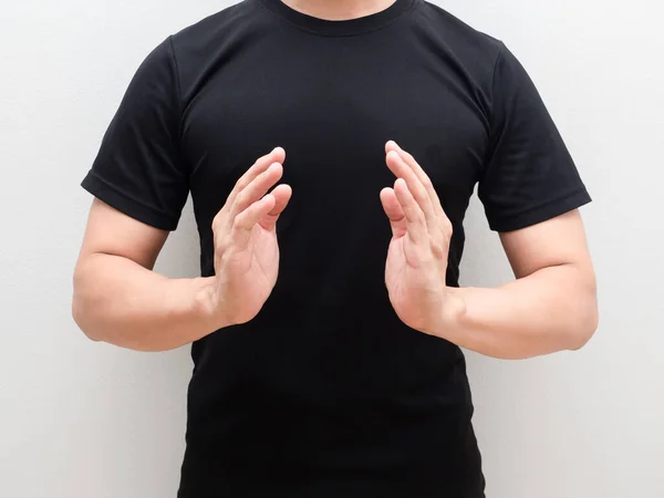 Homem Duas Mãos Para Cima Centro Espaço Corpo Fundo Branco — Fotografia de Stock