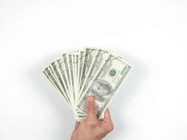 Lot Money Bill Hand White Isolated Top View — Stock Photo, Image