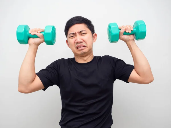 Asijský Muž Držení Bubínek Pocit Těžký Pro Cvičení — Stock fotografie