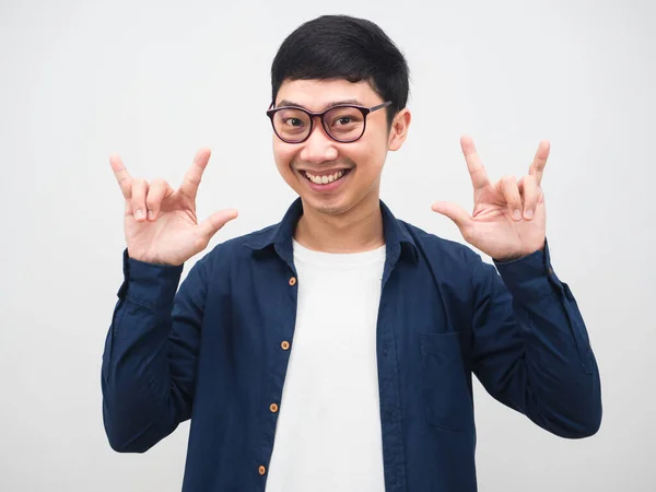 Asiatische Mann Mit Brille Lächeln Gesicht Zeigen Hand Liebe Porträt — Stockfoto