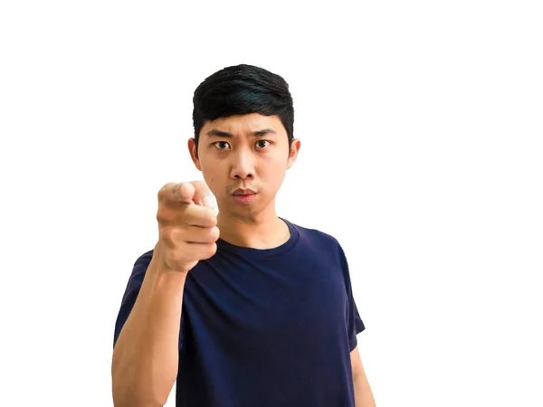 Młody Azji Człowiek Czarny Koszula Punkt Prawy Palec Jesteś Poważny — Zdjęcie stockowe