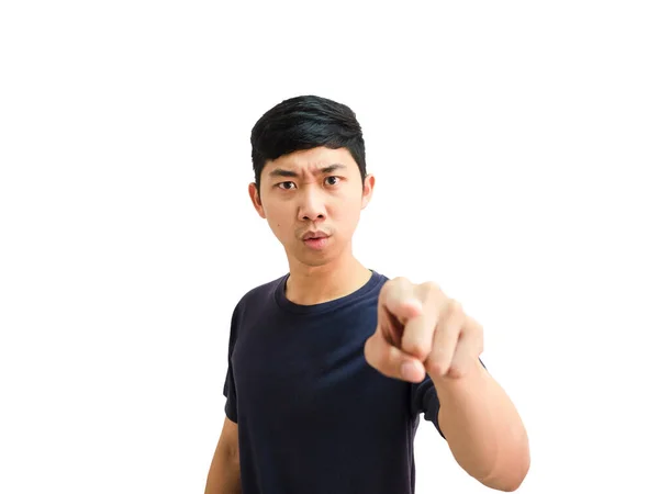 Jovem Ásia Homem Preto Camisa Apontar Direito Dedo Para Você — Fotografia de Stock